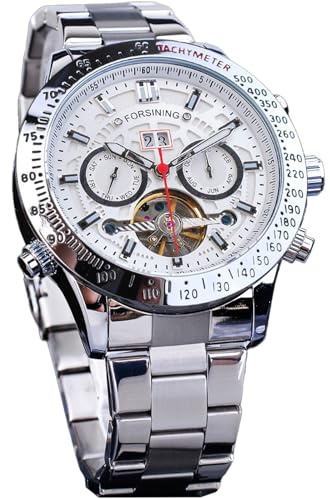 FORSINING Men Tourbillon Mechanical Self-Wind Watch, Day Date Month Full Calendar, Luminous Tachymeter Multifunctional Automatic Watches, Carved Big Dial Stainless Steel Band Wrist Watch, Silver White