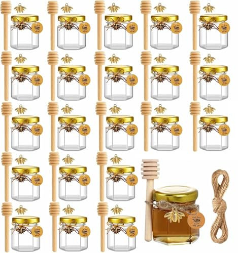 Juego de 20 tarros de miel, 45 ml, mini tarros de cristal para mermelada con cuchara de miel, colgante de abeja, tarjetas de agradecimiento, perfectos para baby shower, bodas, regalos de fiesta