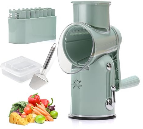 Kitchenvelly Rotary Cheese Grater Hand Crank, 5 in 1 Vegetable Slicer, Manual Cheese Shredder with Stainless Steel Blades, Food Grater for Cheese Vegetables Nuts, Suction Base, Easy Clean, Green