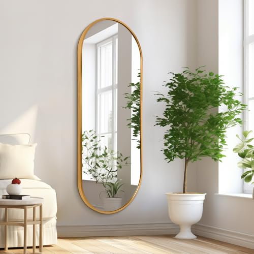 HLFMVWE Espejo ovalado dorado de longitud completa, 120 x 40 cm, pared oblongo en forma de píldora, marco de aluminio y metal, decorativo para sala de estar, tocador