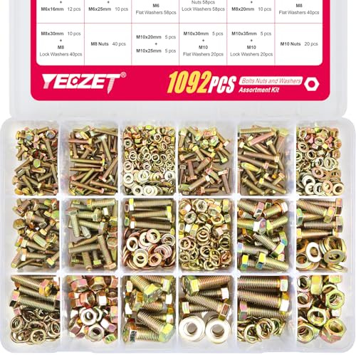 YEEZET 1092pcs M4 M5 M6 M8 M10 Kit di Bulloni e Dadi, Classe 8.8 Set di Assortimento di Bulloni Esagonali per Impieghi Gravosi, 21 Dimensioni Più Comuni, Zincatura Gialla