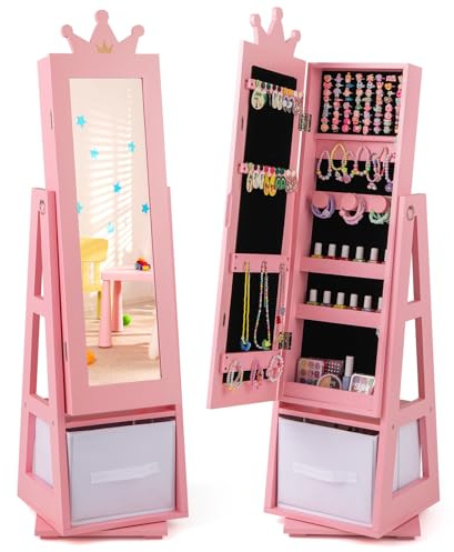 GOPLUS Armario para Joyas de Niños con Espejo de Cuerpo Completo, Armario Joyero Infantil con Cajón Plegable, Mueble de la Joyería para Dormitorio y Sala de Juegos de Niños de 3+ Años (Rosa)