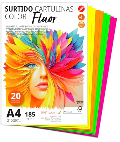 Ofituria Cartulina A4 de Colores - 185g/m2 para Manualidades, Educación, Hogar, Arte o Empresas - Surtido Flúor (25 Cartulinas)