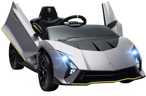 AIYAPLAY Coche Eléctrico para Niños de +3 Años Lamborghini Autentica 2 Motores Potentes Coche Eléctrico con Batería 12V Velocidad 3-5 km/h Mando a Distancia 2,4G Faros Bocina Arranque Suave y MP3 Gris