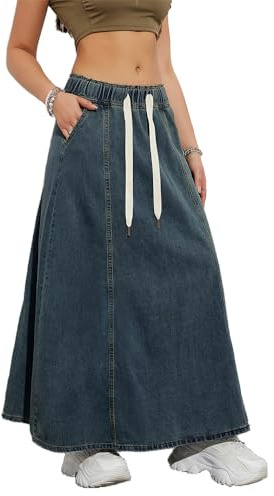 seiveini Jupe Longue Femme Jean Maxi Jupes en Denim Trapèze Vintage Taille Haute Jeans Skirts A Bleu Foncé L
