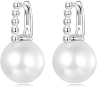 Kerraom Pendientes Aro Huggie de Plata de Ley 925 con Perla Blanca - Aretes Pequeños Argollas Brincos Circonita Cúbica para Mujer y Niñas, Joyería Regalo para Madre
