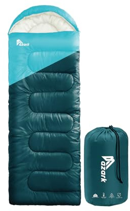 azark Premium Lightweight Sleeping Bag for Adults & Kids, 400 GSM, 4 Season Waterproof Sleeping Bag, Comfortable & Portable, Machine Washable, Camping & Hiking Essential (Light blue/Dark Blue)