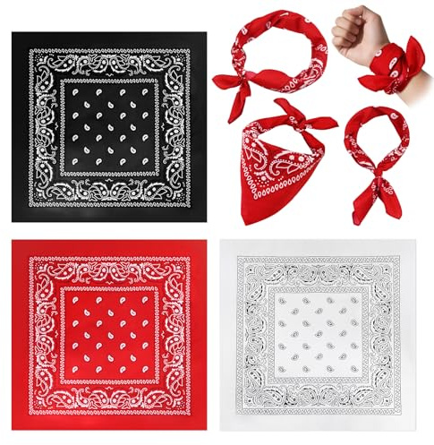 HOMIKLSA Bandanas für Herren und Damen, 3 Pack Paisley Halstücher, Cowboy-Stil Kopftücher für Mode und Accessoires Bandana(Schwarz/Weiß/Rot)