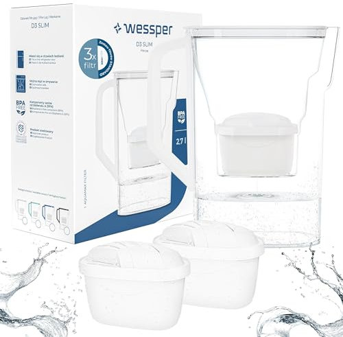 Wessper Caraffa Filtrante D3 Slim per l'acqua 2.7L | Effetto per Ridurre Calcare, Cloro e Metalli | Il set comprende una caraffa e 3 filtri | Blanc