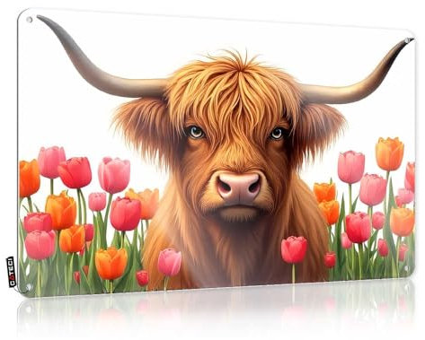 Letrero de metal con texto en inglés Man Cave Cow en un campo de tulipanes, letrero divertido para decoración de patio, reglas de cueva de hombre (20 x 30 cm)