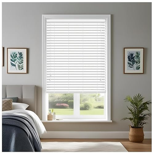 J.Din Made to Measure Blinds, Faux Wood Venetian Blinds with String 50MM Slats Easy Fit Windows Treatments Blind (White, 45cm Width x 213cm Drop)