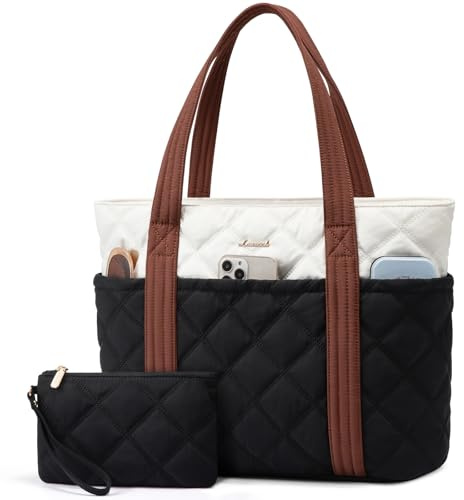 LOVEVOOK Laptop Tote Bags for Women, Lightweight Puffer Handbag for School, Large Work Handbags Ladies Tote Bag with Zip, Quilted Shoulder Bag for College Shopping Work Travel Gym Beach