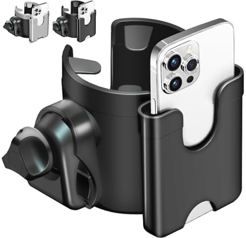 Tyuodna Universal Pram Cup Holder & Phone Holder 2-in-1,Cup Holder for Baby Bottles, Drink & Coffee Cups - Fits Strollers, Bikes, Scooters, Carts - 360° Rotatable Design for Easy Access (All Black)