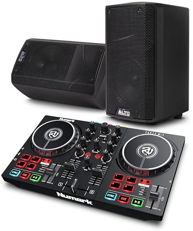 Numark Party Mix II DJ Controller and ALTO TX408 Powered PA Speakers Pair for Live Music, DJ sets, Events, Music production