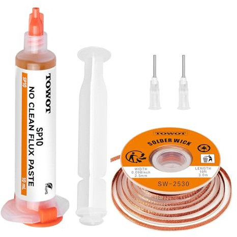 TOWOT 10ft Solder Wick Braid & No-Clean Soldering Flux Paste (10cc) - Desoldering Kit for Electronics Repair,Circuit Board Rework