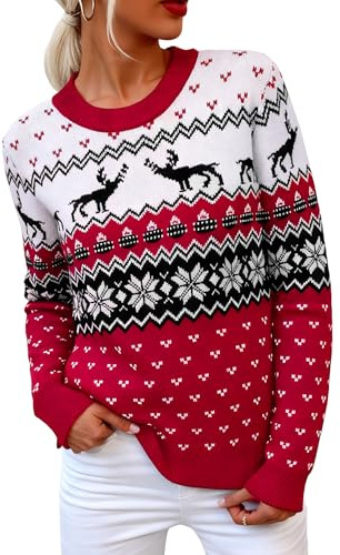 Crewhpo Jersey Navideño para Mujer Cuello Redondo Suéter Navidad de Manga Larga Jerséis Ropa de Punto Sweater para Otoño Invierno