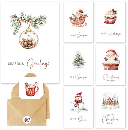 C2U Christmas Cards with Envelopes & Stickers - 24 Pack 4x6 Rustic Holiday Greeting Card Assortment – 8 Festive Designs with Printed Wishes & Blank Space – Boxed Xmas Cards for Family, Friends & Teachers