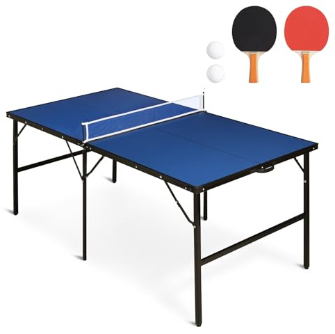 REAHOISY 6x3FT Portable Ping Pong Table, Indoor Outdoor Mid Size Foldable Table Tennis Table, Table Tennis for Rec Room w/ 2 Paddles, 2 Balls, Game Net and Adjustable Feet, Sturdy Iron Frame (Blue)