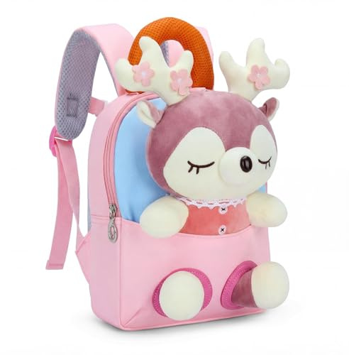 PROTAURI Sac à Dos Maternelle pour Filles 1-4 Ans, Cartable Maternelle avec Jouet Peluche Amovible, avec Sangle Thoracique, Parfait pour Maternelle, Voyages et Cadeaux, Design Peluche Cerf