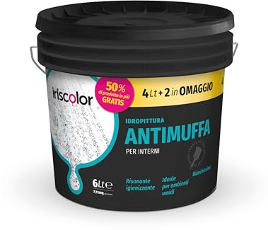 IRISCOLOR Pittura Antimuffa per Interni 4+2 LT Ideale Per Ambienti Umidi Vernice Bianca Muro Interno ad Alta Resa Pittura bianca Per Interni Acrilica Igienizzante Effetto Opaco