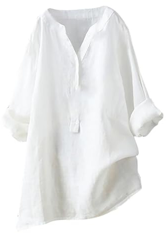 Générique Chemise Blanche Femme en Coton et Lin Col V Manches Longues Couleur Unie Ample Fluide Vetement Ete Casual Vacances Plage Gaze Double Rides Chemisier Blouse Tunique Longue Blanc XL