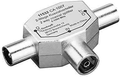 Koaxial T-Adapter (2x Koaxial-Stecker auf 1x Koaxial-Buchse) im Metallgehäuse