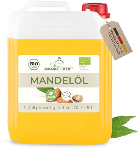 MASSAGE-EXPERT Bio Mandelöl kaltgepresst – für Massage, Babymassage, Hautpflege und Haarpflege (5 Liter HDPE-Kanister)