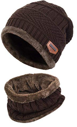 HIDARLING Kids Winter Hat Scarf Set - Warm Thermal Knitted Beanie Cap Snood Neck Warmer Outdoor Sports Soft Fleece Lining Elastic for Children Boys Girls Aged 5-10 (Coffee)