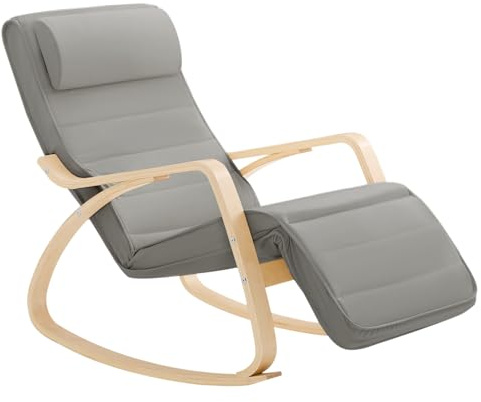 SoBuy Fauteuil a Bascule, Relax Rocking Chair, Chaise a Bascule avec Repose-Pieds et Appui-tête réglables, Gris FST16-DG