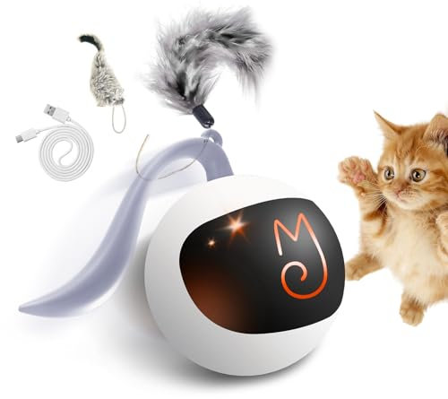 Migipaws Interaktives Katzenspielzeug elektrisch rollender Ball mit flauschigem Schwanz, kleine Maus als Zubehör, wiederaufladbar