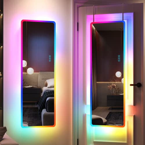 LVSOMT Specchio da porta con RGB illuminazione, 120×40cm Specchio da parete lungo, LED Specchio figura intera, Specchios da muro moderno, Specchi appeso sopra la porta, Specchi Camera da letto