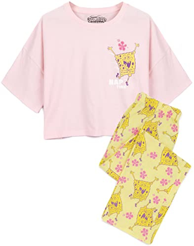 SPONGEBOB SQUAREPANTS Womens Pyjamas | Adults Ladies Nap Time Character Pink T-Shirt With Yellow Long Bottoms Pjs | Nickelodeon Series Movie Merchandise - Large
