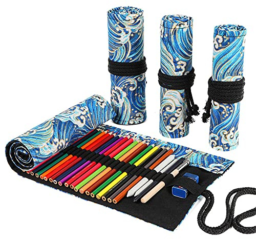 DIYOMR Estuche con 24/36/72 Ranuras para lápices de Colores artísticos, Estuche Enrollable para Pinceles Cortos, Dibujo, Colorear y Organizador de bocetos, Blue Ocean, 36slots, Envoltura para lápices