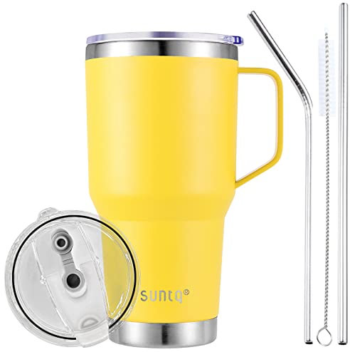 SUNTQ 30oz 850ml Tumbler mit Griff - Wiederverwendbare Reise Kaffee Tasse mit Stroh, Deckel - Doppelwandige Vakuum Isolierte Kaffeetasse - Thermische Tasse aus Edelstahl(Gelb)