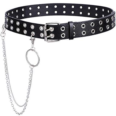 WERFORU Double Grommet PU Leather Belt with Detachable Chain - Women's Punk Goth Belt for Halloween - Black