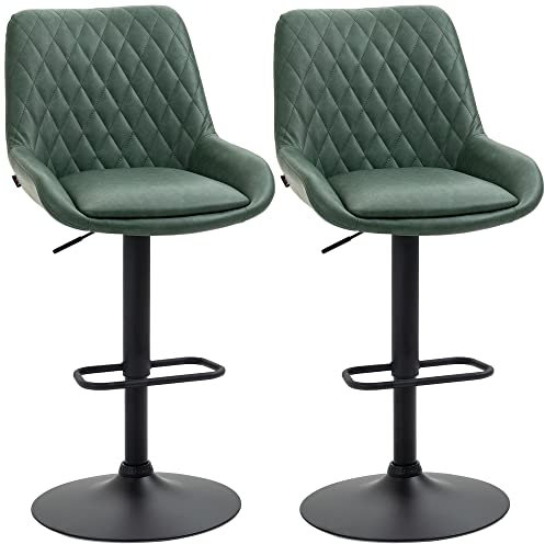 HOMCOM Lot de 2 tabourets de Bar en Similicuir, chaises de Bar, tabourets Hauts, Hauteur réglable, pivotant à 360°, avec Dossier et Repose-Pieds, piètement en Acier, Vert foncé