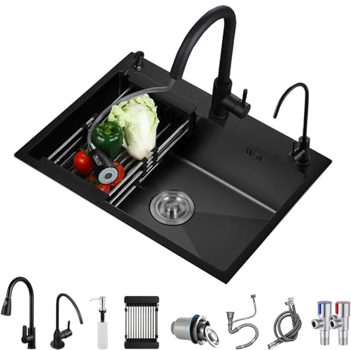 KELINGOUD Fregadero de cocina de acero inoxidable negro, fregadero de cocina de un solo cuenco, fregadero de estación de trabajo con accesorios deslizantes, fregadero de estación de trabajo con