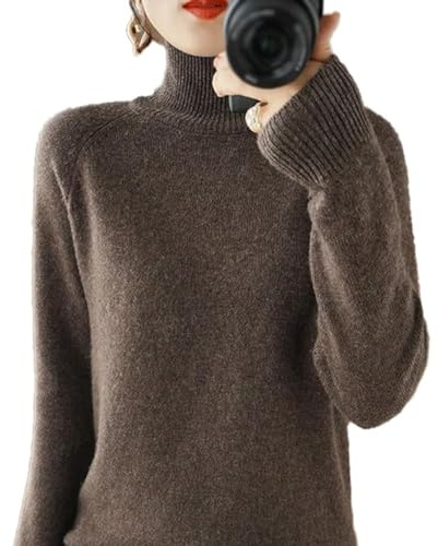 BAWUTZ Maglione da donna, in cashmere, a collo alto, 100% cashmere, a maniche lunghe, per il tempo libero, colletto alto, a maniche lunghe, per autunno e inverno, Colore caffè., m