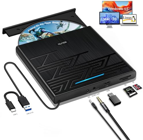 NOLYTH Unità Blu-ray esterna USB 3.0 Blu-Ray Drive USB C Bluray masterizzatore DVD portatile per PC portatili Windows Mac MacBook, con jack audio da 3,5 mm, slot USB/SD/TF, lettura/scrittura DVD/BD