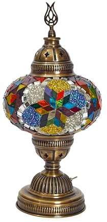 anatolian glow Portable Turkish Mosaic Table Lamp – Handmade Tiffany-Style Glass Light with Bronze Base and LED Bulb – Battery Powered Bedside Lamp (Mix Pattern) – Globe Size 6.5
