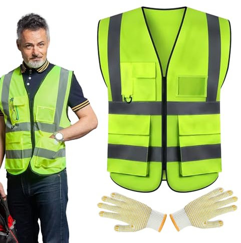 KUBDPQOR Gilet Alta Visibilità Unisex – Bretelle Catarifrangenti, Gilet di Sicurezza, Adatto per Peso da 110 a 180 libbre con Guanti Inclusi - Ideale per Uomini e Donne