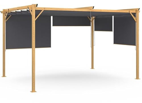 IDMarket - Pergola édition Exclusive Effet Bois Toit rétractable 3x4M et 4 Stores Gris Anthracite