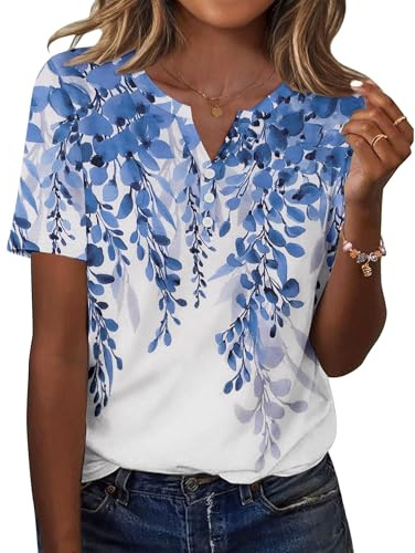 EIRUKON Tee Shirt Femme à Manches Courtes et Col en V Chic et Élégant T Shirt Fleurs Ete Haut Décontracté Grande Taille Blouse Tshirt,Blanc Bleu,XL