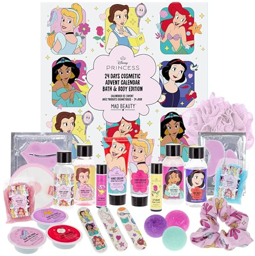 MAD Beauty – Calendrier de l'Avent Princesses Disney avec 24 produits de maquillage et cosmétiques, Princesses bien-être pour femmes avec masque, lait pour le corps et élastique à cheveux