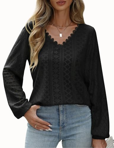CMTOP Blusa Mujer Camisetas de Manga Larga Blusas con Cuello en V Camiseta Elegante de Encaje Casual Sueltas Camisas Tops