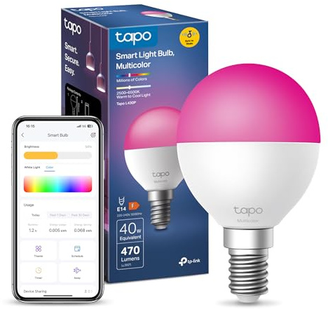 Tapo L430P, E14 Smart Bulb,Alexa Light Bulbs with Millions Colours,470 Lumens,Dimmable,Auto Biorhythm,Music Sync,Voice/APP Control,Schedule & Timer, Google Home, No Hub Required,Energy Monitor