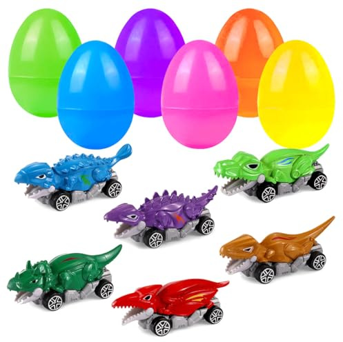 Holydeck 6 Pcs Prefilled Easter Eggs with Metal Dinosaur Car Toys Vehicles Set for Kids Girls Boys Easter Basket Stuffers Party Favors Easter Egg Fillers Hunt