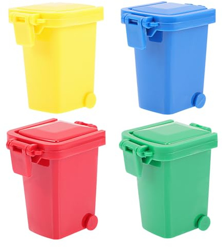 Didiseaon Lot de 4 Poubelles Jouets à Pousser pour Garçon et Filles, Mini Poubelles en Plastique Coloré, Couvercle Basculant et roulettes, Éducatif pour Tri des Déchets et Apprentissage