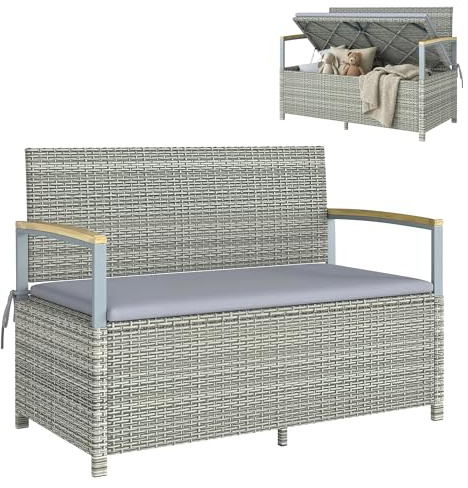 Outsunny Cassapanca Contenitore da Esterno in Rattan PE 170L, Panca Contenitore da Esterno 2 Posti con Braccioli in Legno di Acacia, Cuscino Lavabile, Fodera con Cerniera, Pistone a Gas, Grigio Chiaro
