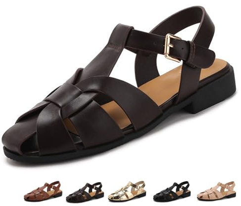 Sandalias de pescador para mujer, con puntera cerrada, con correa en T, planas, estilo gladiador, antideslizantes, cómodas, zapatos planos, café, 36.5 EU